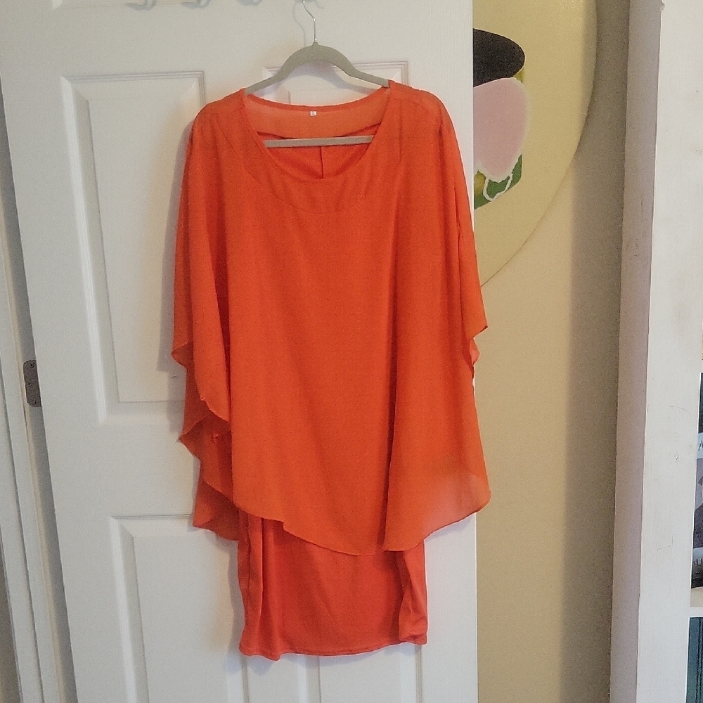 Vibrant Orange spagetti strap under with scarf overlay Layered Dress Sz3XL
